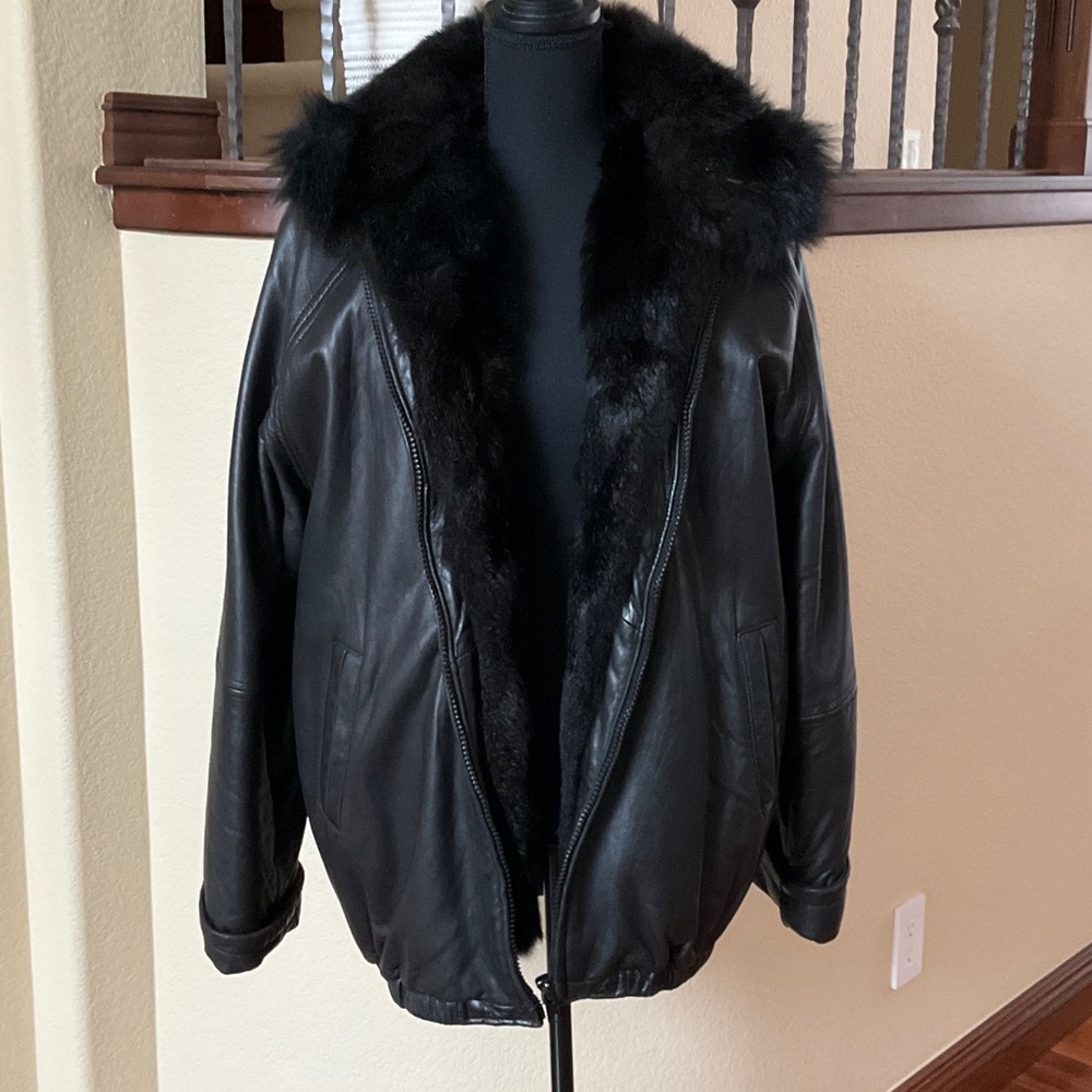 Andrew Marc Leather with Opposum Fur Zip Out Vest Bomber Jacket